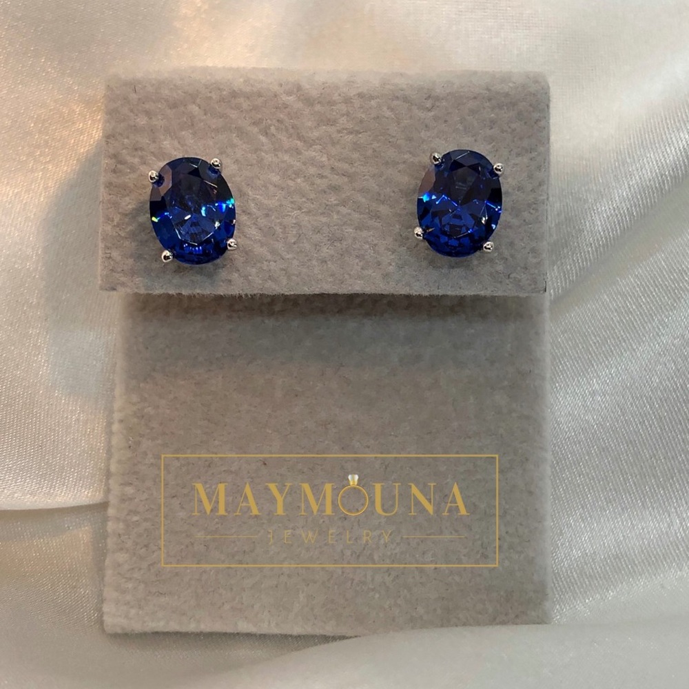 OVAL NAVY BLUE CZ 925 STERLING SILVER STUD EARRINGS